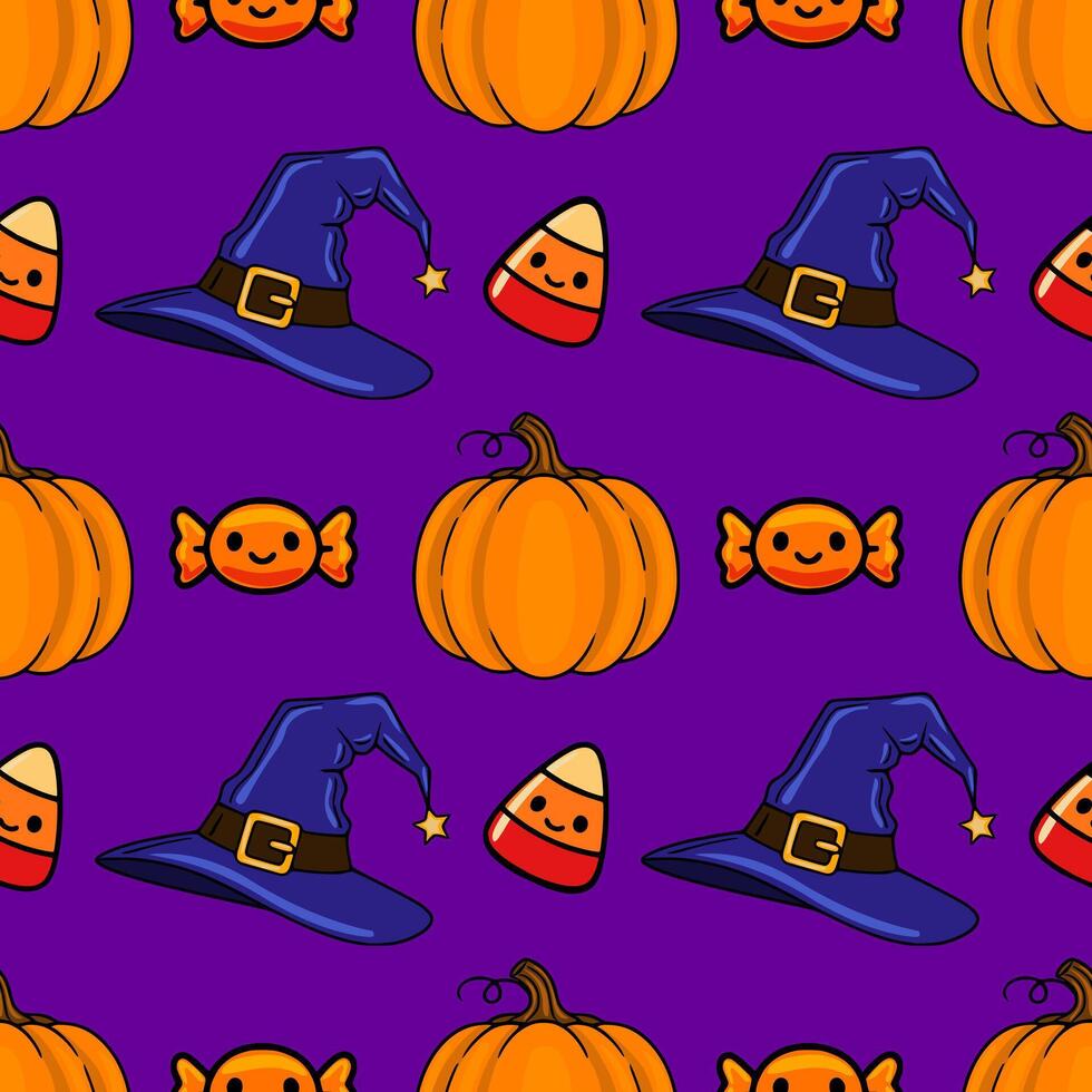 Seamless Halloween pattern featuring cute cartoon pumpkins, witch hats, candy corn, and lollipops on a vibrant purple background, perfect for festive designs. vector