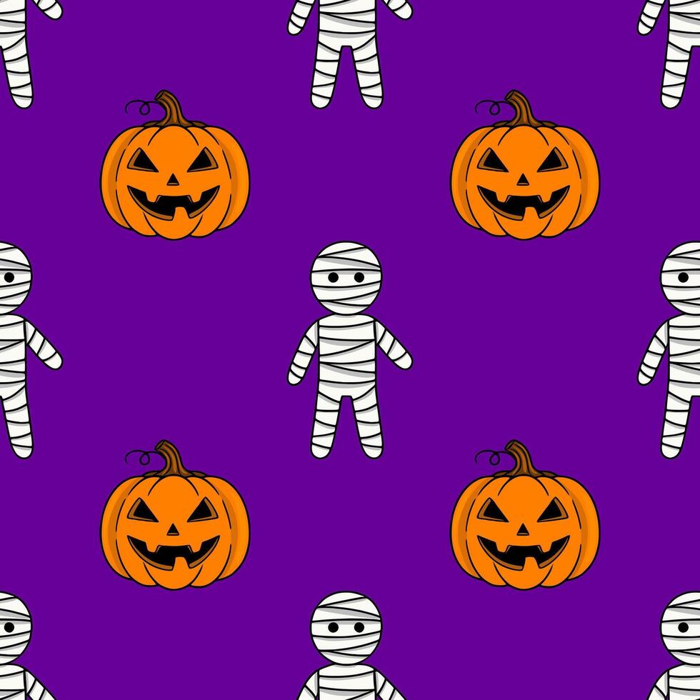 Seamless Halloween pattern featuring cute cartoon mummies and grinning pumpkins on a vibrant purple background, perfect for festive designs and spooky celebrations. vector