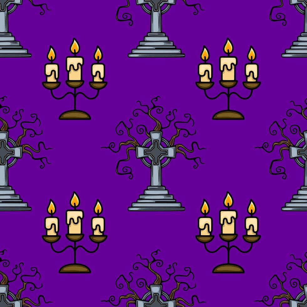 Seamless Halloween pattern with Celtic crosses adorned by spooky vines and threecandle candelabra on a rich purple background, creating a dark and mysterious atmosphere. vector