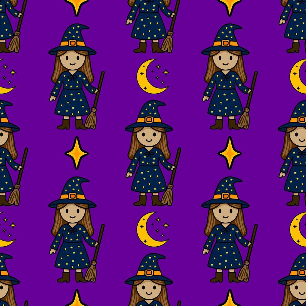 Seamless pattern featuring adorable cartoon witches in starry dresses, holding broomsticks, against a vibrant purple background, complemented by crescent moons and shining stars. vector