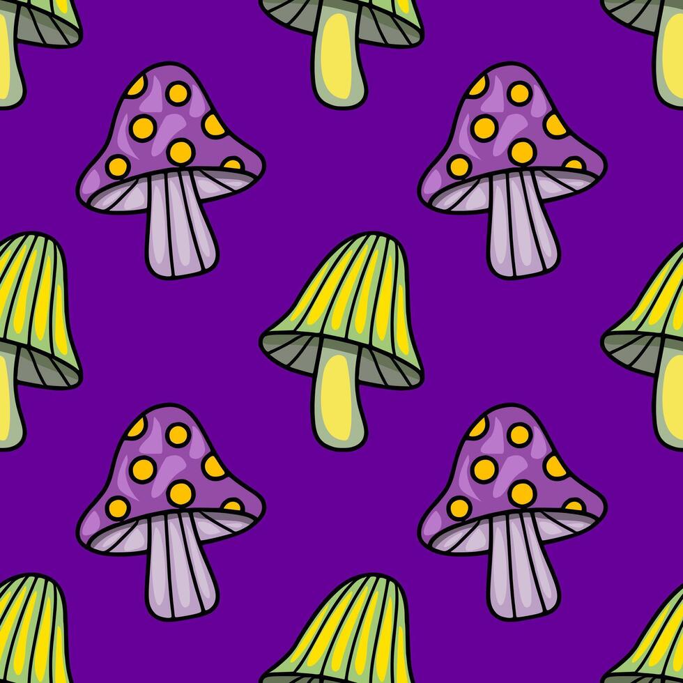 Seamless pattern with whimsical purple and green mushrooms on a vibrant purple background, featuring a unique blend of polka dots and striped designs for a playful autumnal aesthetic. vector