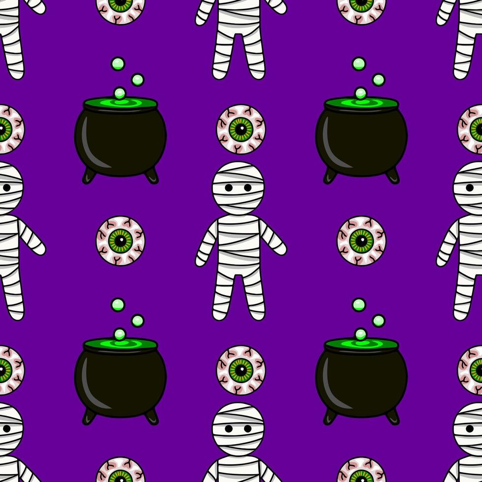 Seamless Halloween pattern with cute mummies, bubbling cauldrons, and spooky eyeballs on a vibrant purple background, perfect for festive designs. vector
