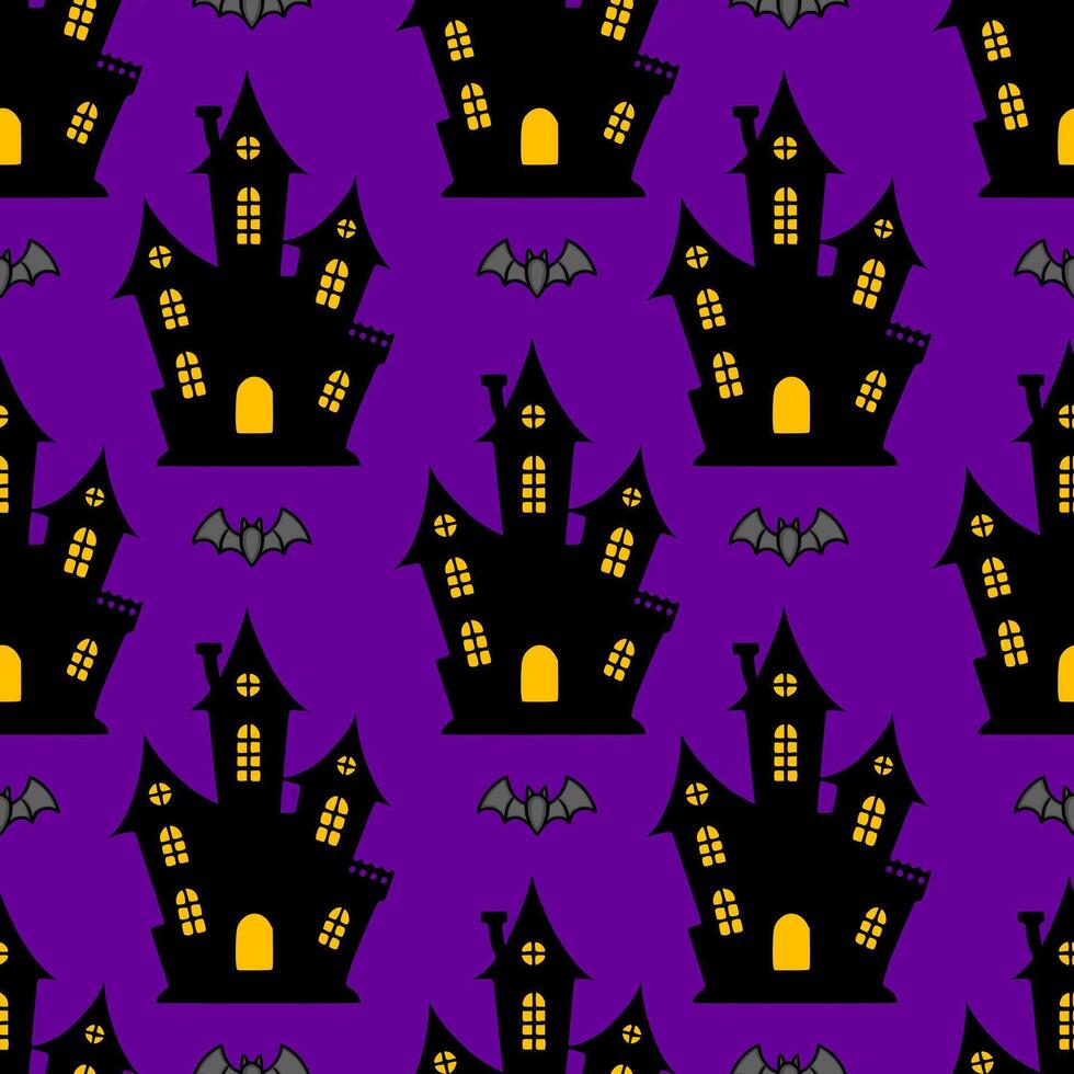 Seamless Halloween pattern with spooky haunted houses and bats on a purple background, perfect for festive designs and decorations. vector