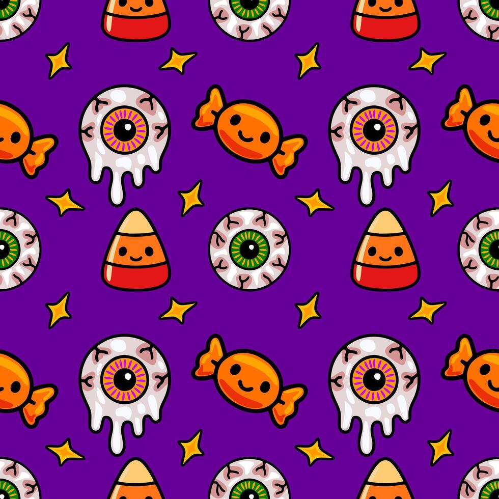 Seamless Halloween pattern with cute melting eyeballs, candy corn, and lollipops on a vibrant purple background, perfect for festive designs. vector