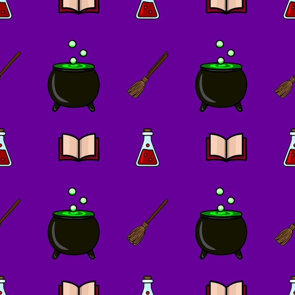 Seamless Halloween pattern with a cauldron, broom, potion bottle, and spellbook on a vibrant purple background, featuring a unique cartoonish style. vector