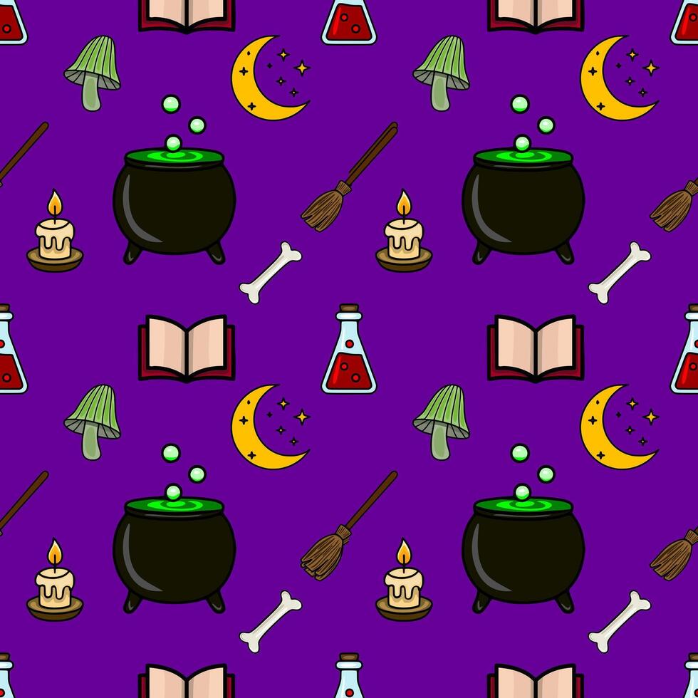 Seamless pattern with Halloween witchcraft elements cauldron, potion, broom, bone, candle, mushroom, open book, and crescent moon on a purple background, designed for festive decorations. vector