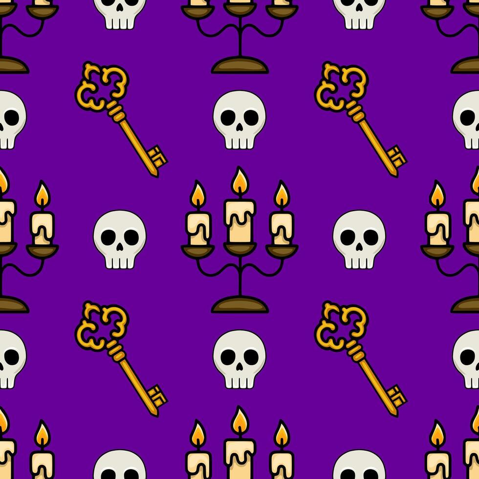 Seamless pattern featuring ornate keys, skulls, and threecandle candelabra on a deep purple background, creating a spooky and mysterious Halloween design. vector