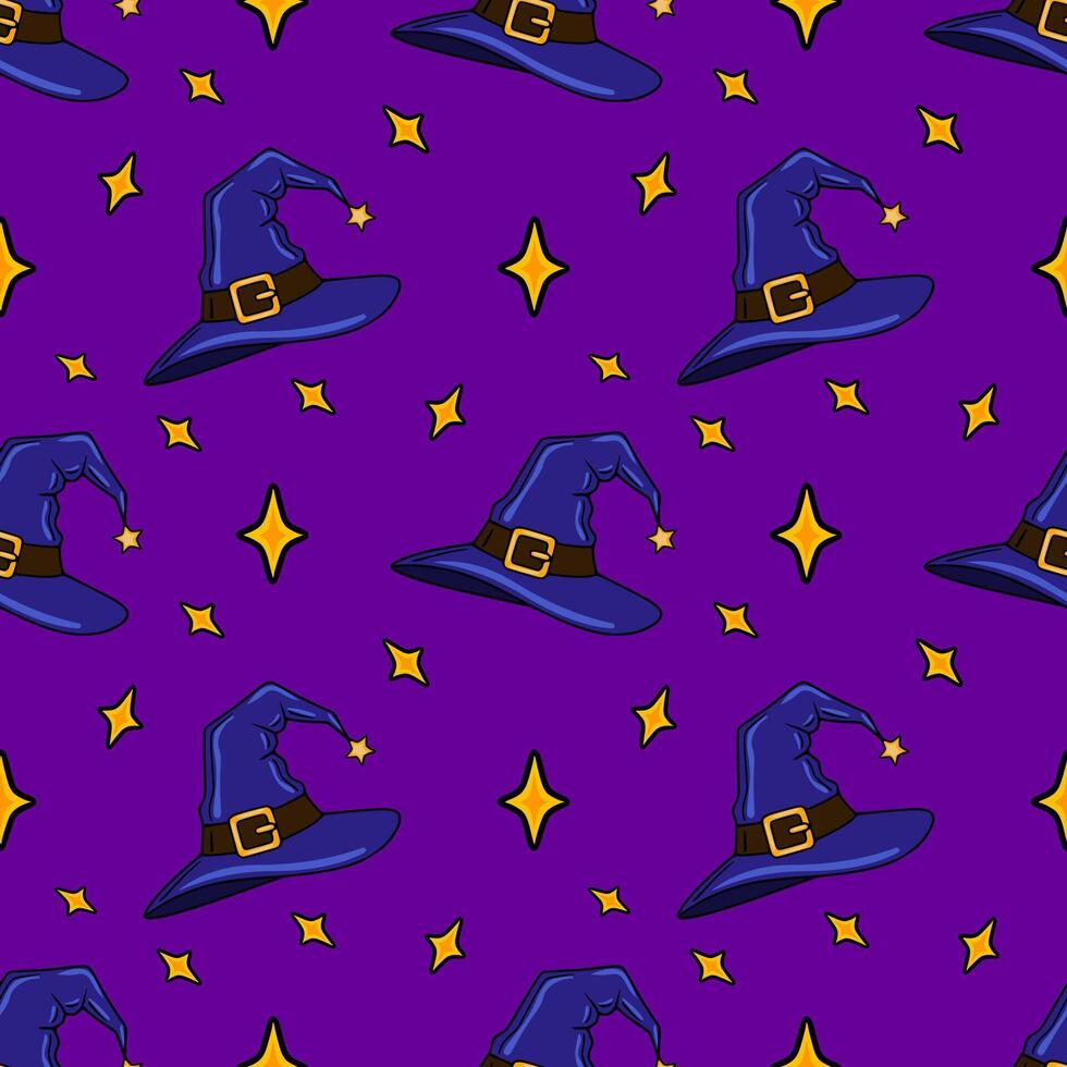 Seamless pattern of whimsical wizard hats and golden stars on a vibrant purple background, perfect for Halloween or magical themed designs. vector