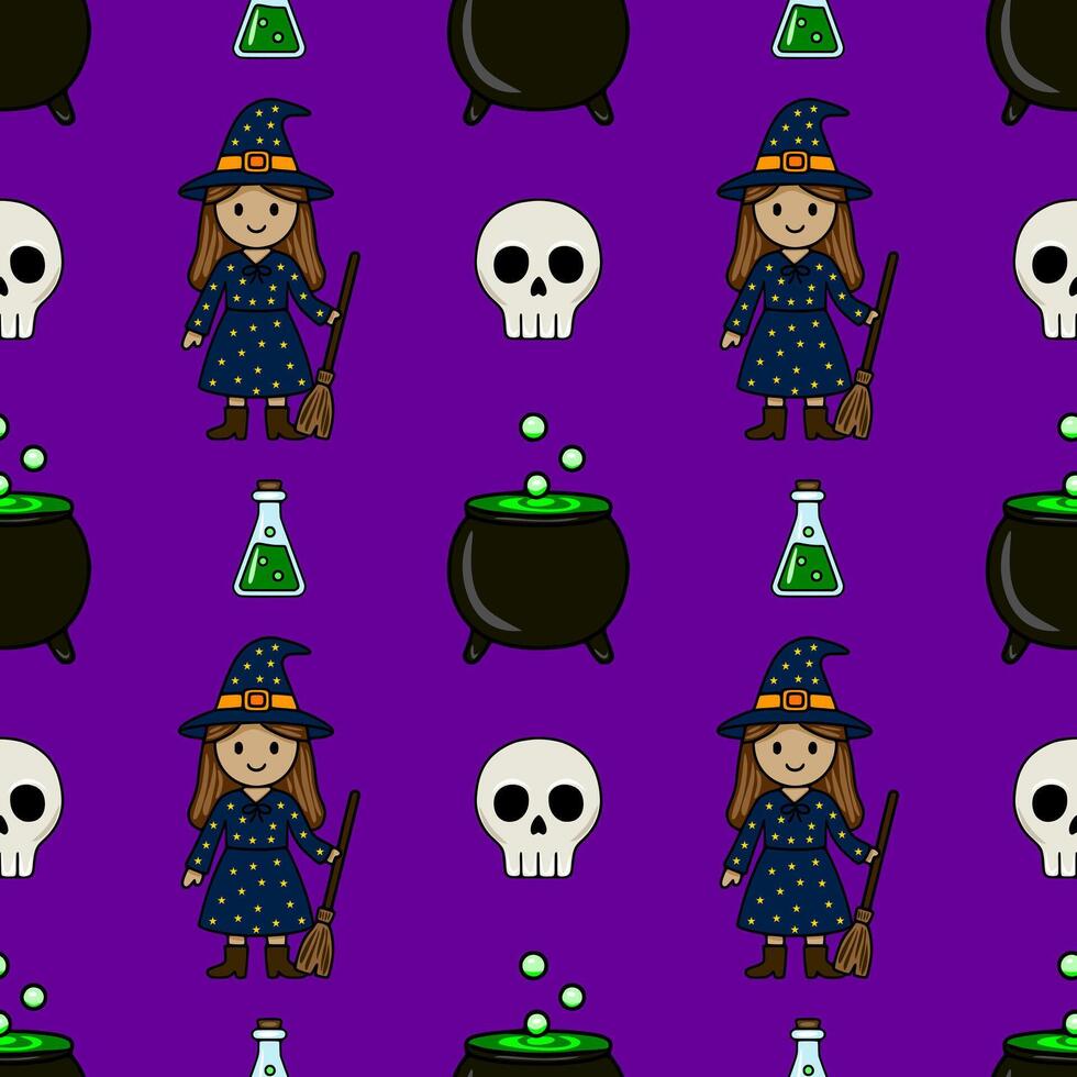 Seamless Halloween pattern featuring a cute witch, cauldron, skull, and potion bottles on a vibrant purple background, perfect for festive designs. vector