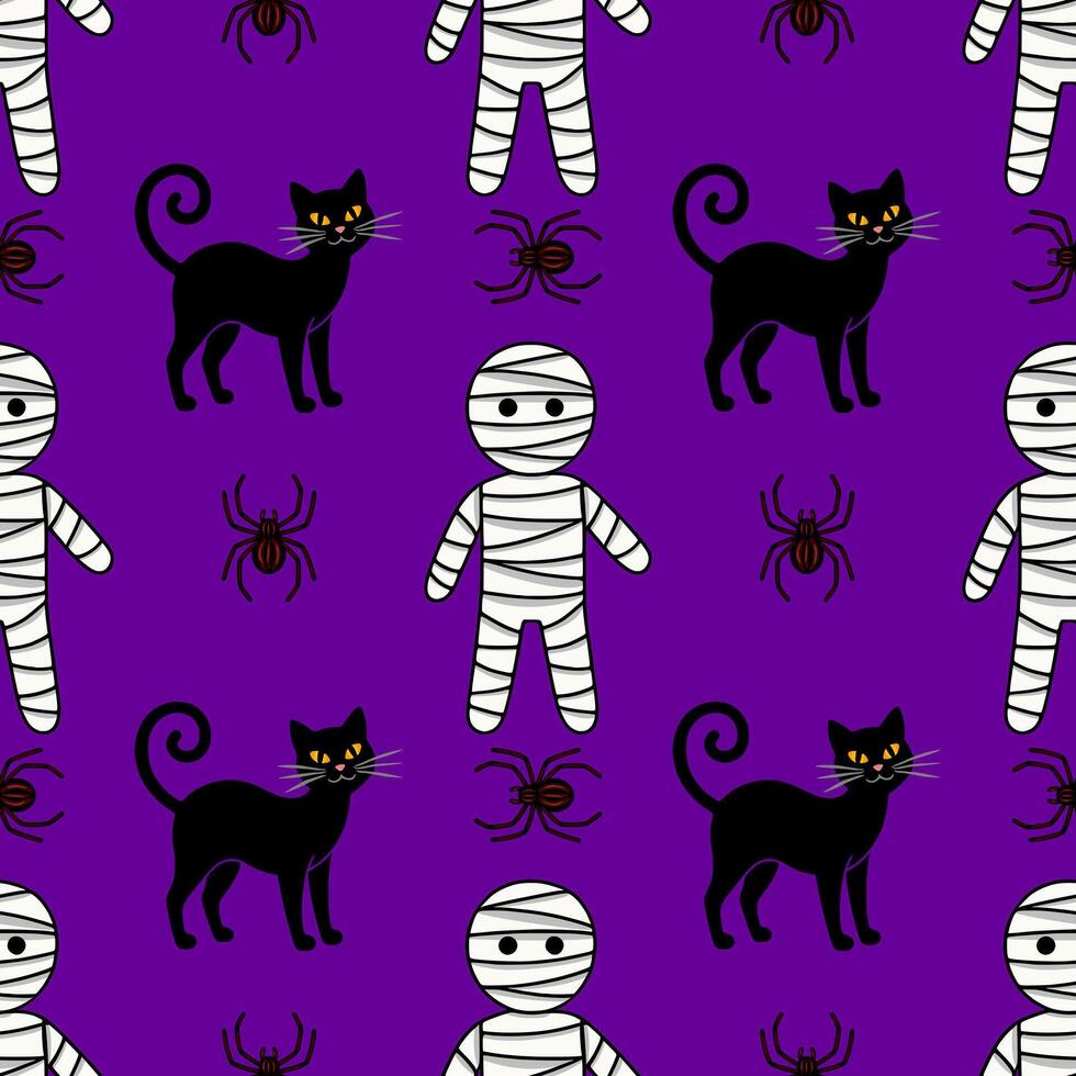 Seamless Halloween pattern featuring cute mummies, black cats, and spiders on a vibrant purple background, perfect for festive designs and spooky celebrations. vector