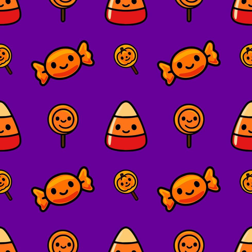 Seamless pattern with cute Halloween candy corn, lollipops and wrapped candies on a vibrant purple background, perfect for festive designs. vector