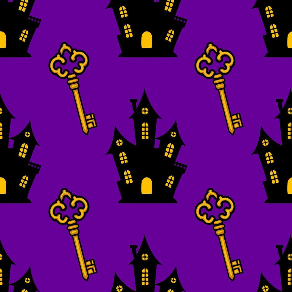 Seamless Halloween pattern featuring ornate golden keys and spooky black haunted houses against a vibrant purple backdrop, creating a playfully mysterious design. vector