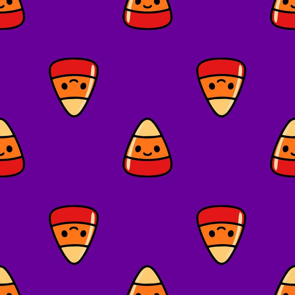 Seamless pattern of cute cartoon candy corn characters with happy faces on a vibrant purple background, perfect for Halloweenthemed designs. vector