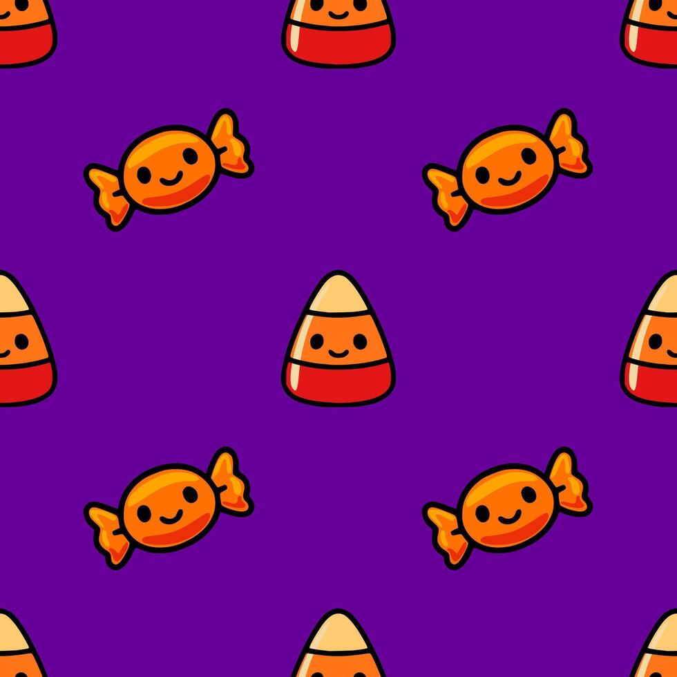 Seamless pattern featuring adorable cartoon candy corn and wrapped candies on a vibrant purple background, perfect for Halloweenthemed designs. vector