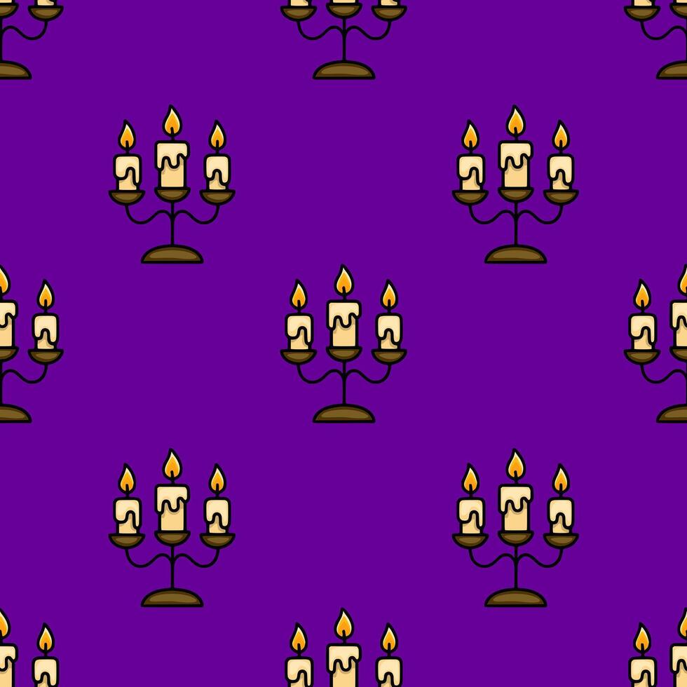 Seamless pattern of vintage candle holders with three burning candles on a deep purple background, perfect for Halloween or gothic designs. vector