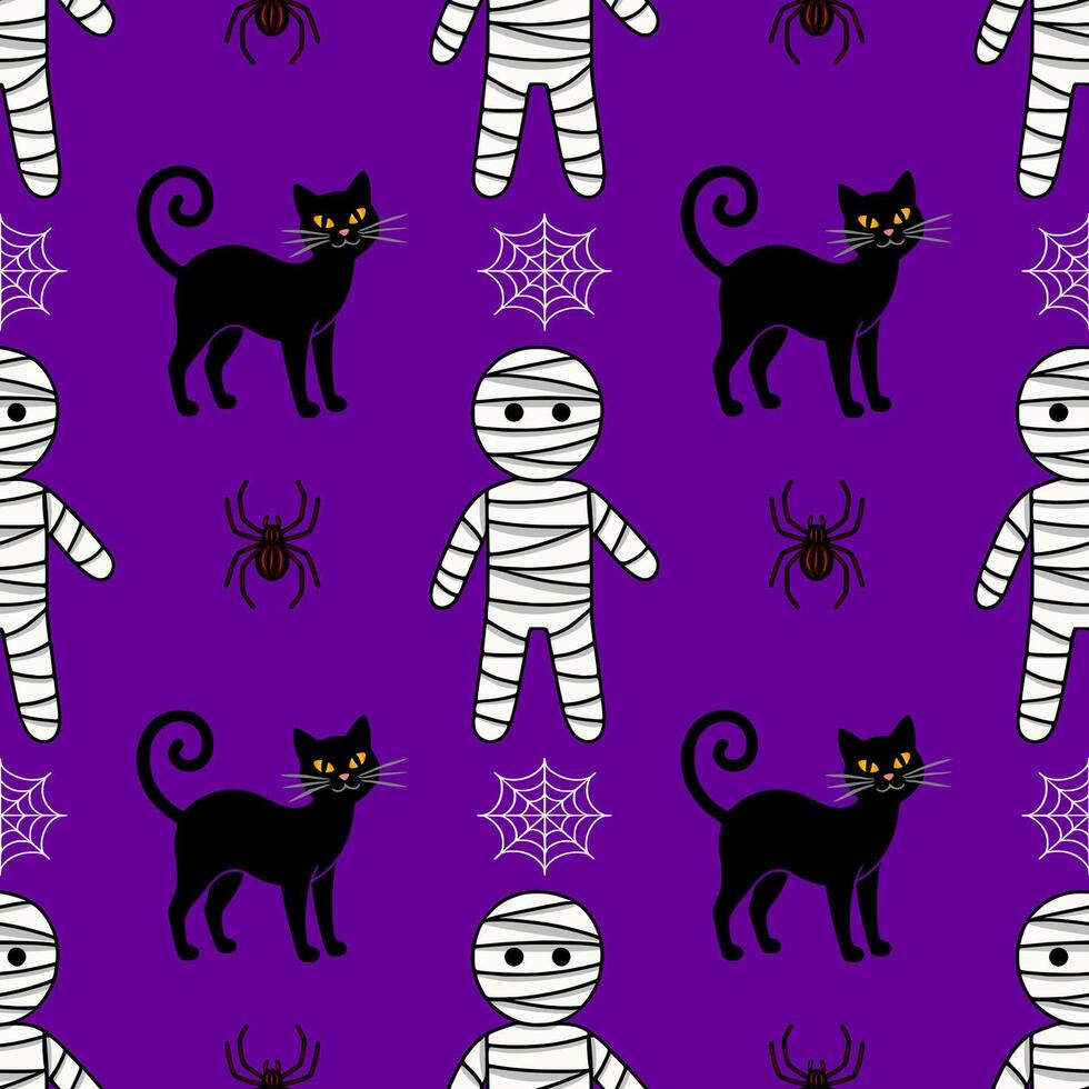 Seamless Halloween pattern with cute mummies, black cats, and spiders on a purple background, perfect for festive designs and spooky celebrations. vector