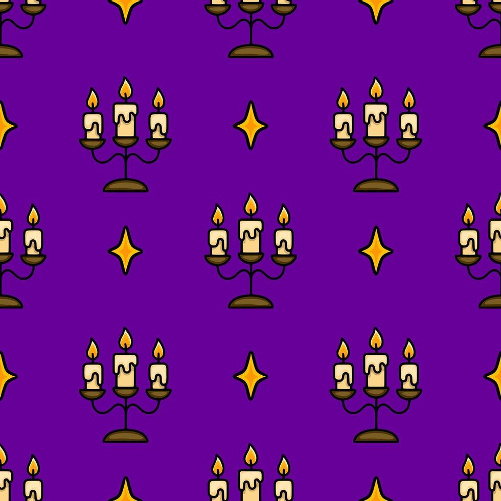 Seamless pattern of vintage candle holders with three burning candles and golden stars on a deep purple background, ideal for Halloween or mystical designs. vector