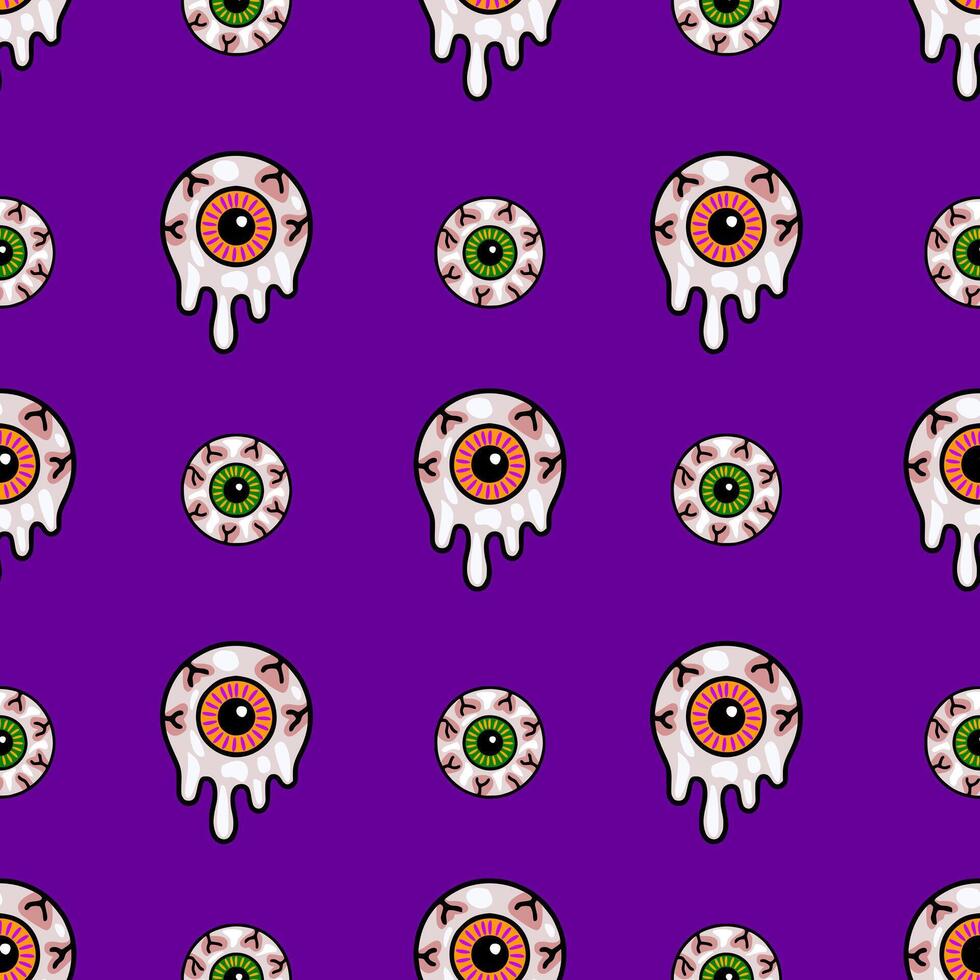 Seamless pattern of melting eyeballs with orange and green irises on a rich purple background, perfect for Halloween designs and spooky themed projects. vector