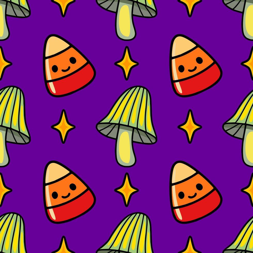 Seamless pattern with cute cartoon candy corn and mushrooms on a purple background, perfect for Halloweenthemed designs. vector