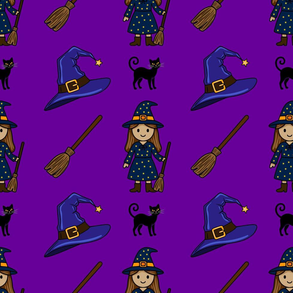 Seamless pattern featuring adorable cartoon witches, their brooms, hats, and black cats, set against a vibrant purple background, ideal for Halloweenthemed designs. vector