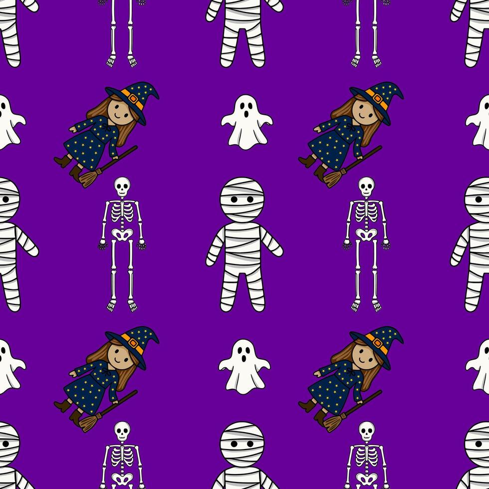 Seamless Halloween pattern with cute cartoon mummies, skeletons, witches, and ghosts on a vibrant purple background, perfect for festive designs and spooky celebrations. vector