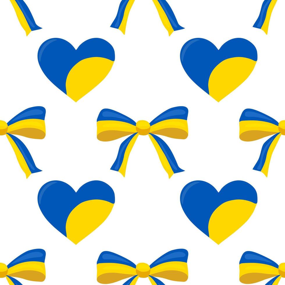 Seamless pattern featuring vibrant blue and yellow hearts and bows, reminiscent of the Ukrainian flag, creating a cheerful and patriotic design ideal for festive celebrations or expressing s... vector