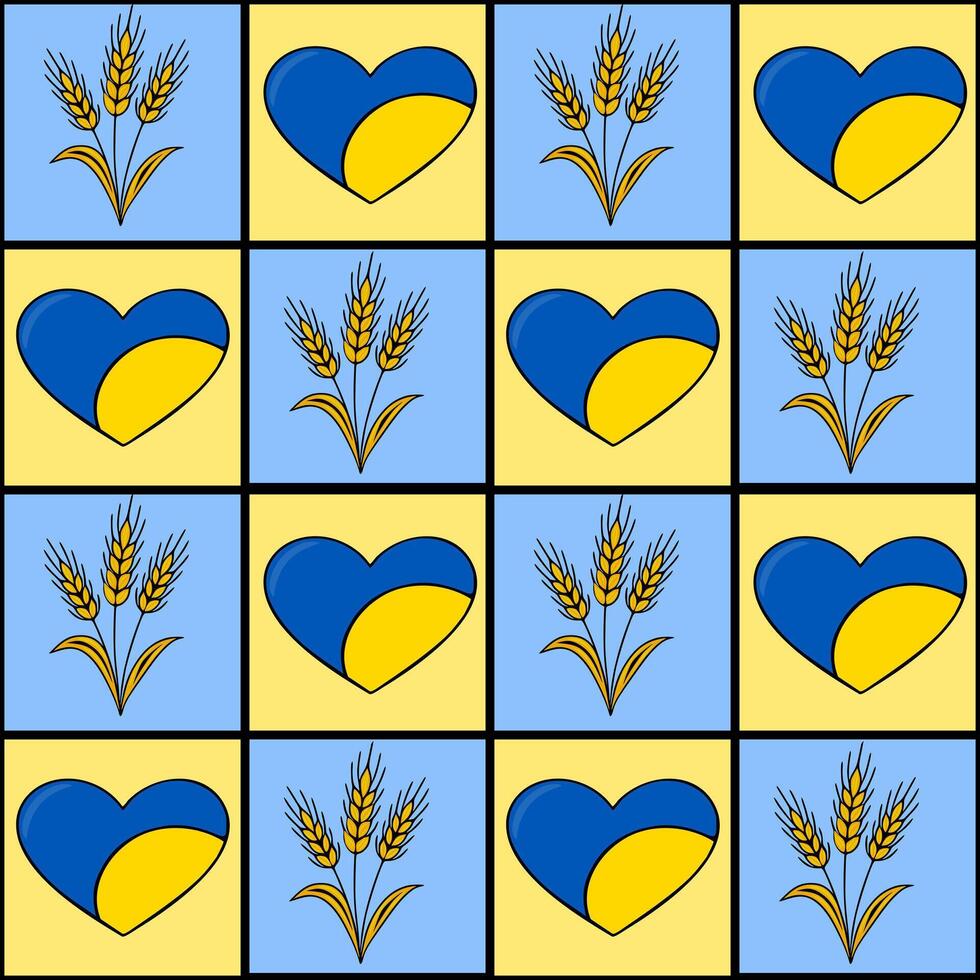 Seamless pattern featuring alternating squares of blue and yellow hearts incorporating Ukrainian flag colors and golden wheat stalks, creating a cheerful and patriotic design. vector
