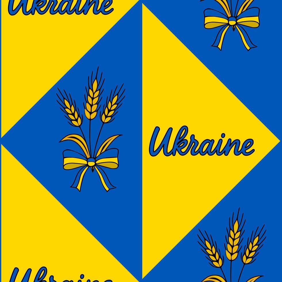 Seamless pattern featuring a geometric arrangement of yellow and blue triangles, interspersed with wheat stalks tied with ribbons in the Ukrainian national colors and the word Ukraine in a... vector