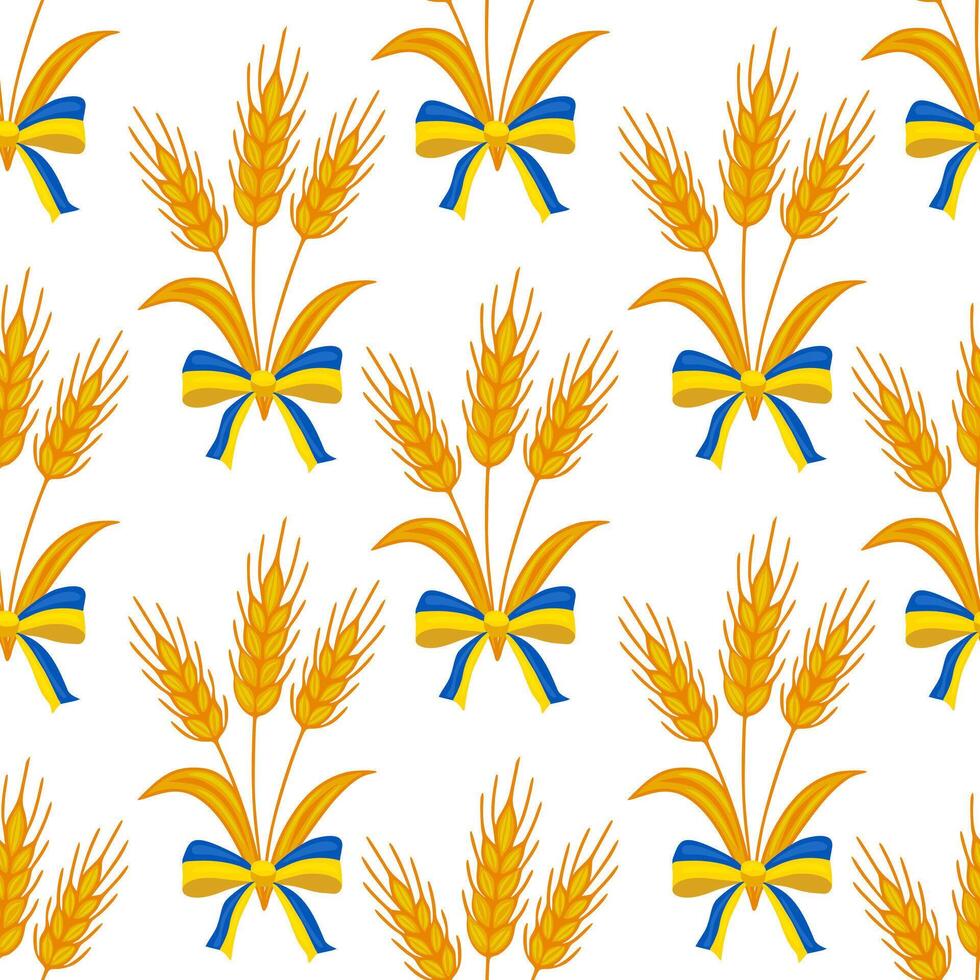 Seamless pattern of golden wheat ears and blueyellow bows, symbolizing Ukrainian national colors and harvest abundance. vector