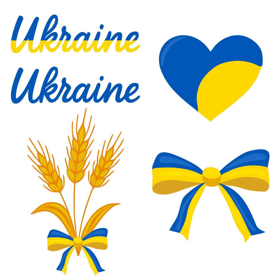 A vibrant illustration featuring the Ukrainian flag colors in a heart, wheat stalks, and bows, accompanied by stylized text Ukraine. vector
