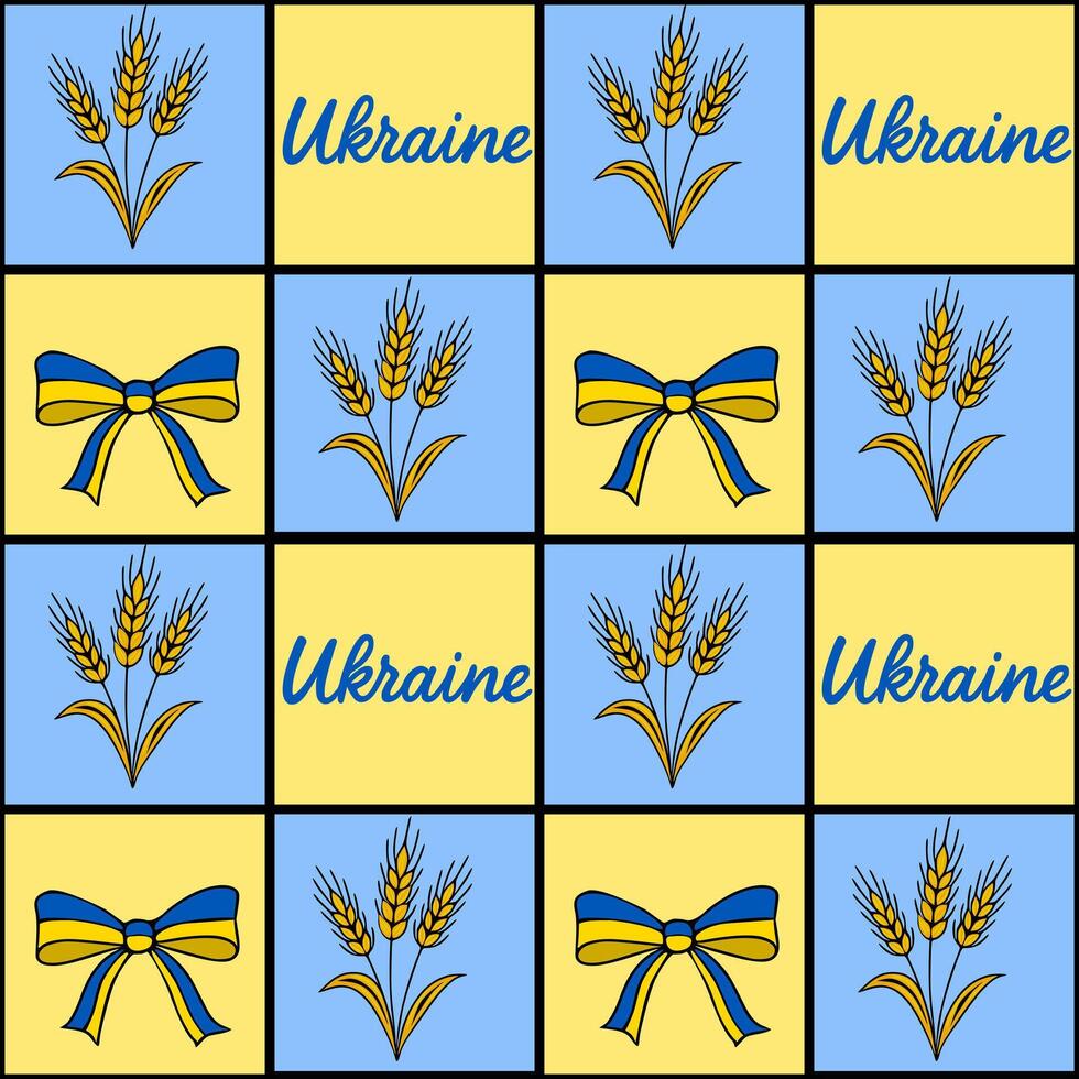 Seamless pattern featuring Ukrainian wheat ears and ribbon bows in yellow and blue, creating a cheerful and patriotic design ideal for various applications. vector