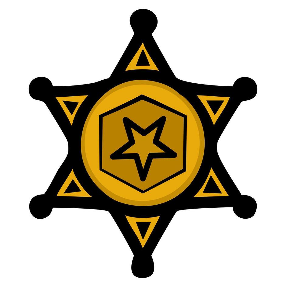 A stylized sheriffs badge featuring a gold star in the center with a hexagonal shape, surrounded by a starshaped design and pointed tips, set against a white background. vector