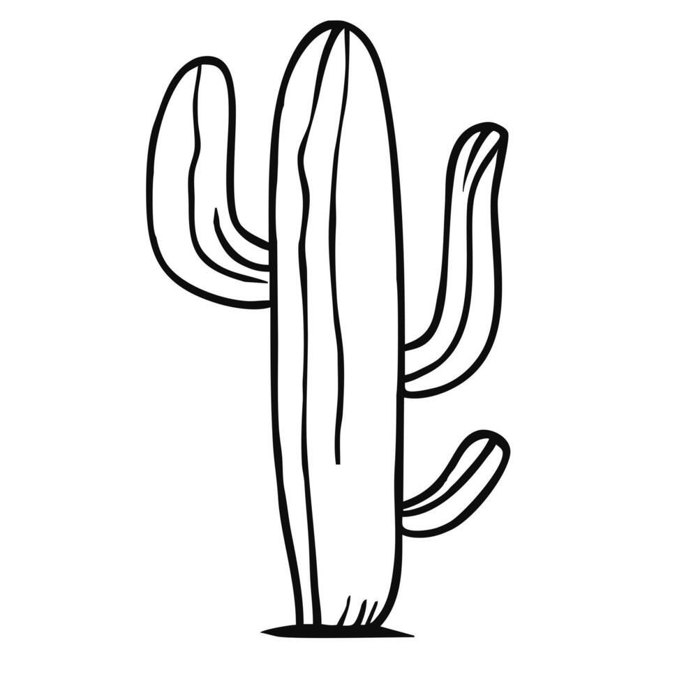 A simple line drawing of a cactus with multiple arms, showcasing a minimalist design. The cactus is depicted in a vertical orientation, emphasizing its tall and slender shape. vector