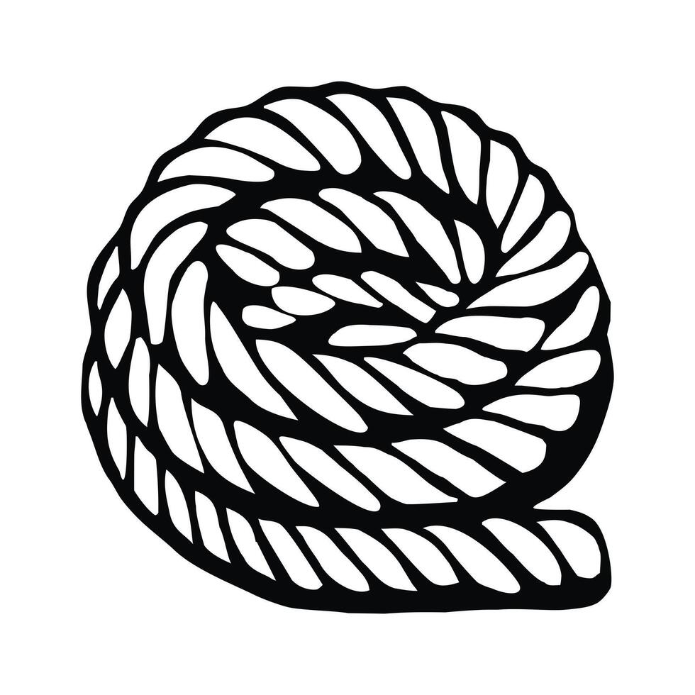 A stylized black and white illustration of a coiled rope, featuring intricate twisted patterns and a smooth, rounded shape. vector