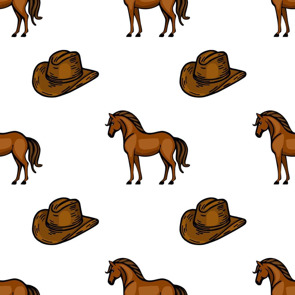 A repeating pattern featuring cartoonstyle brown horses and cowboy hats on a white background. The horses are depicted standing, showcasing their playful nature vector