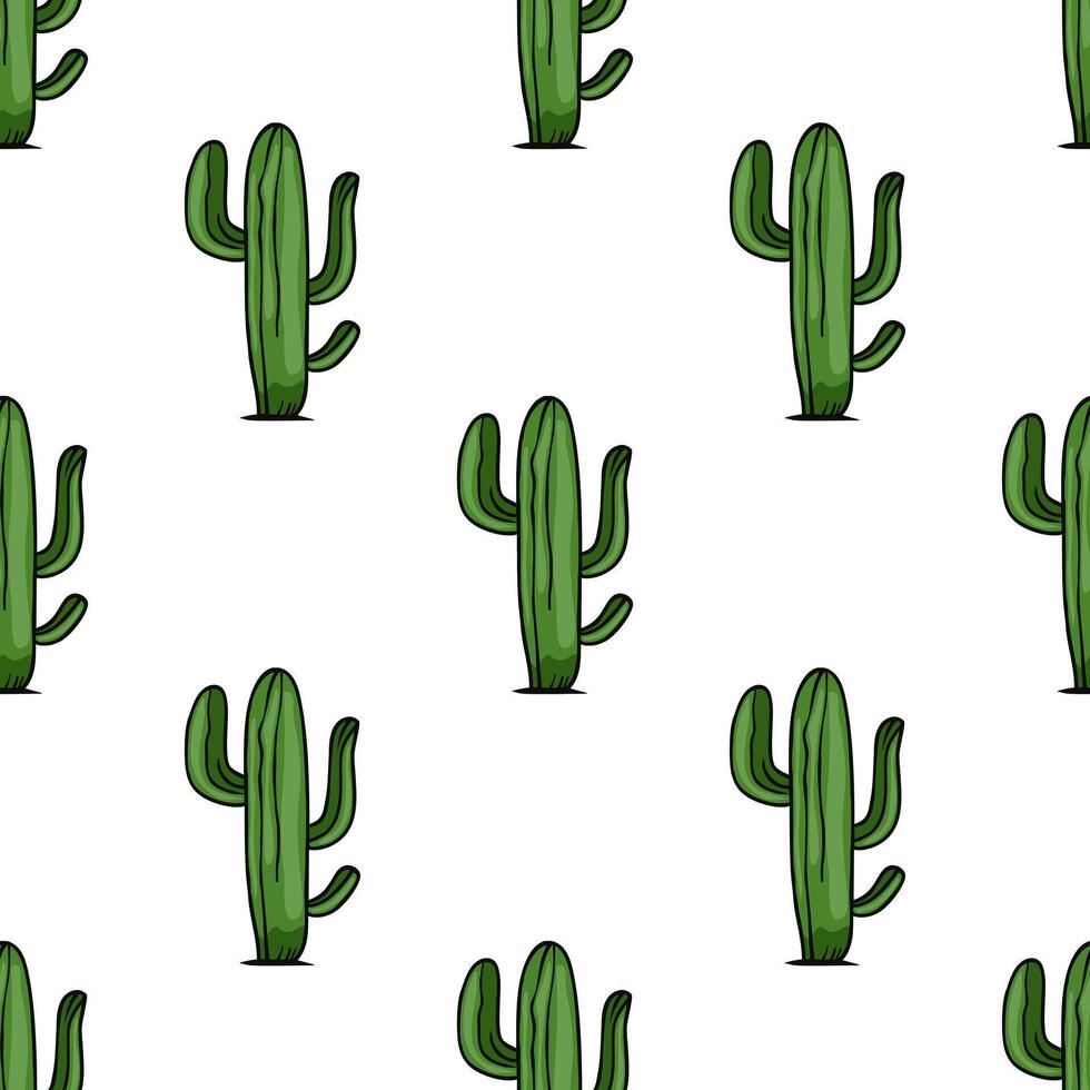 A seamless pattern featuring cartoonstyle green cacti on a white background. The cacti are depicted with arms and a vibrant green color, creating a playful and cheerful design. vector