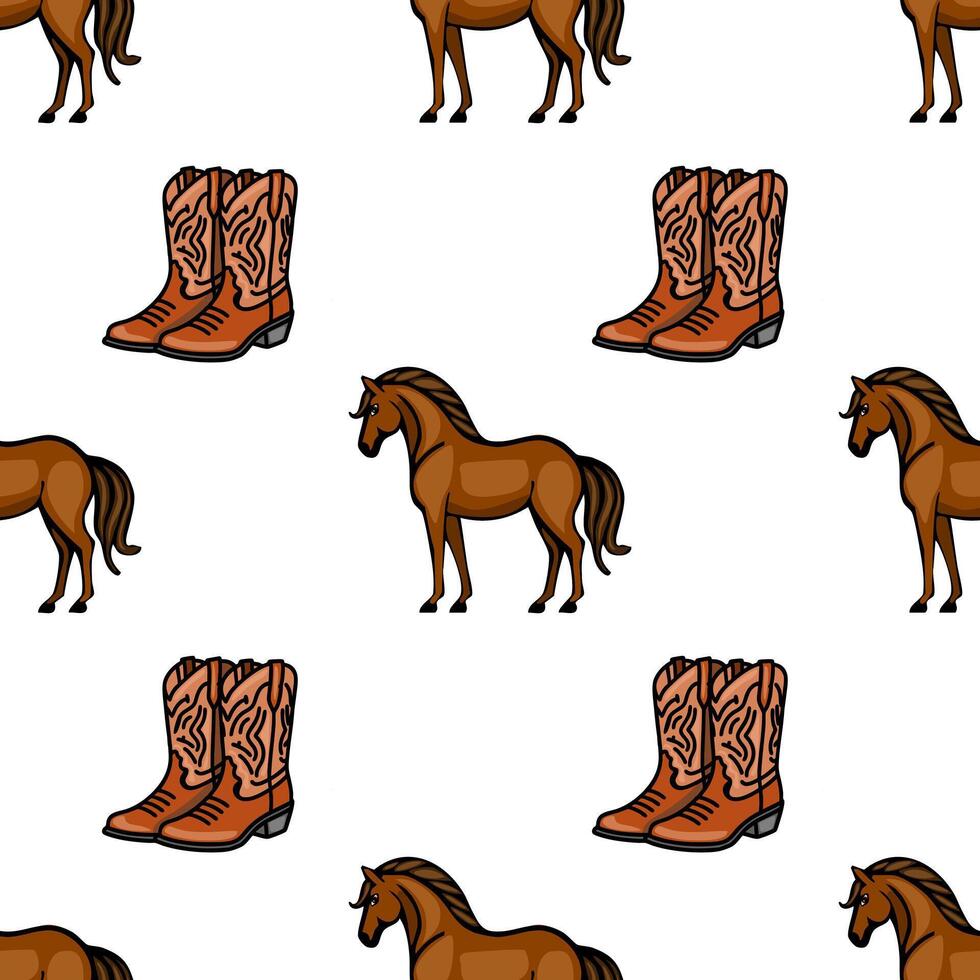 A repeating pattern featuring cartoonstyle horses and cowboy boots on a white background. The horses are brown with a playful stance, while the boots are detailed with a western design. vector