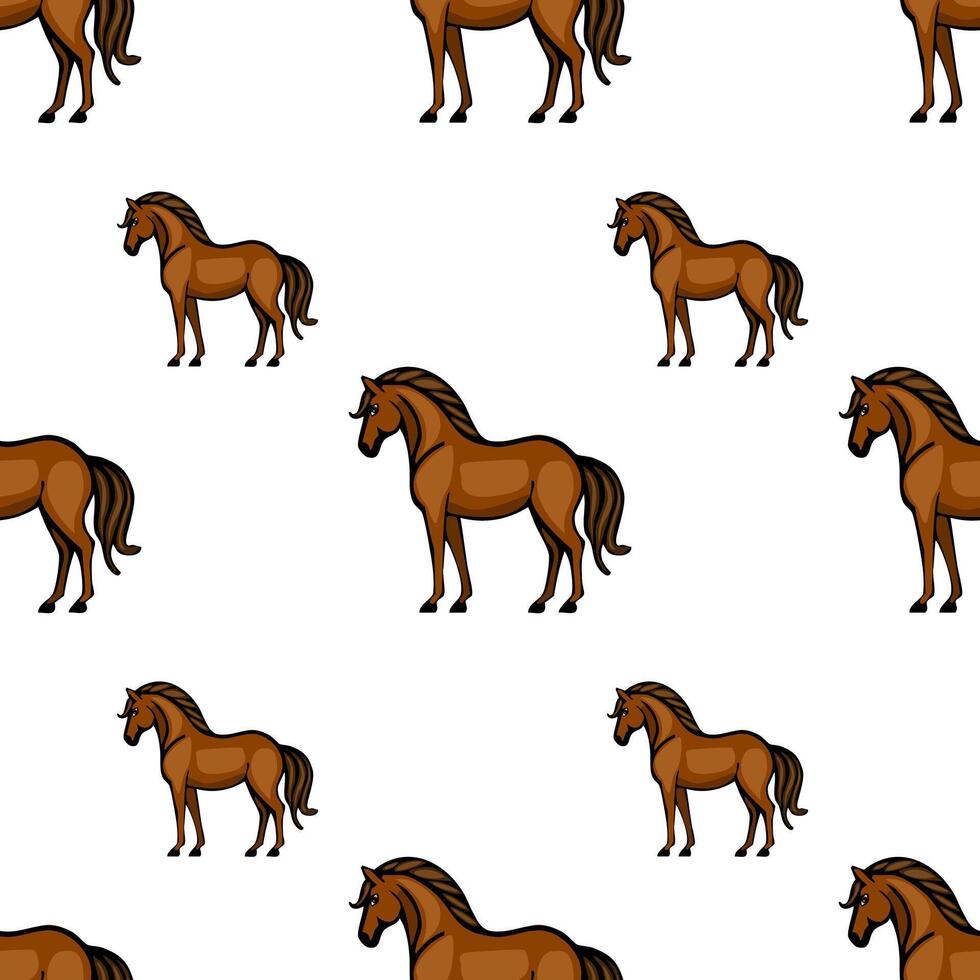 A seamless pattern featuring cartoonstyle brown horses on a white background. The horses are depicted in various poses, showcasing their distinct features and playful design. vector
