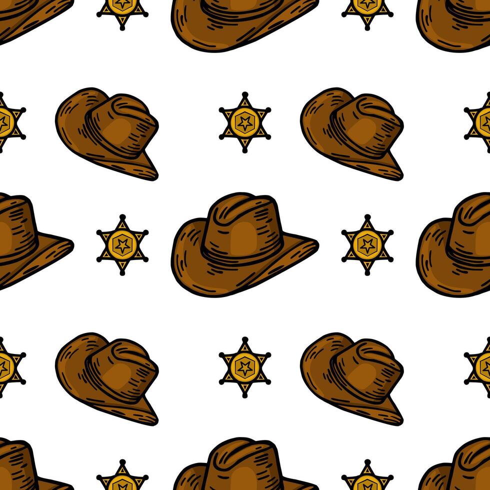 A repeating pattern featuring cowboy hats and sheriff badges, illustrated in a playful style. The design is suitable for textiles, wallpapers, or themed decorations. vector