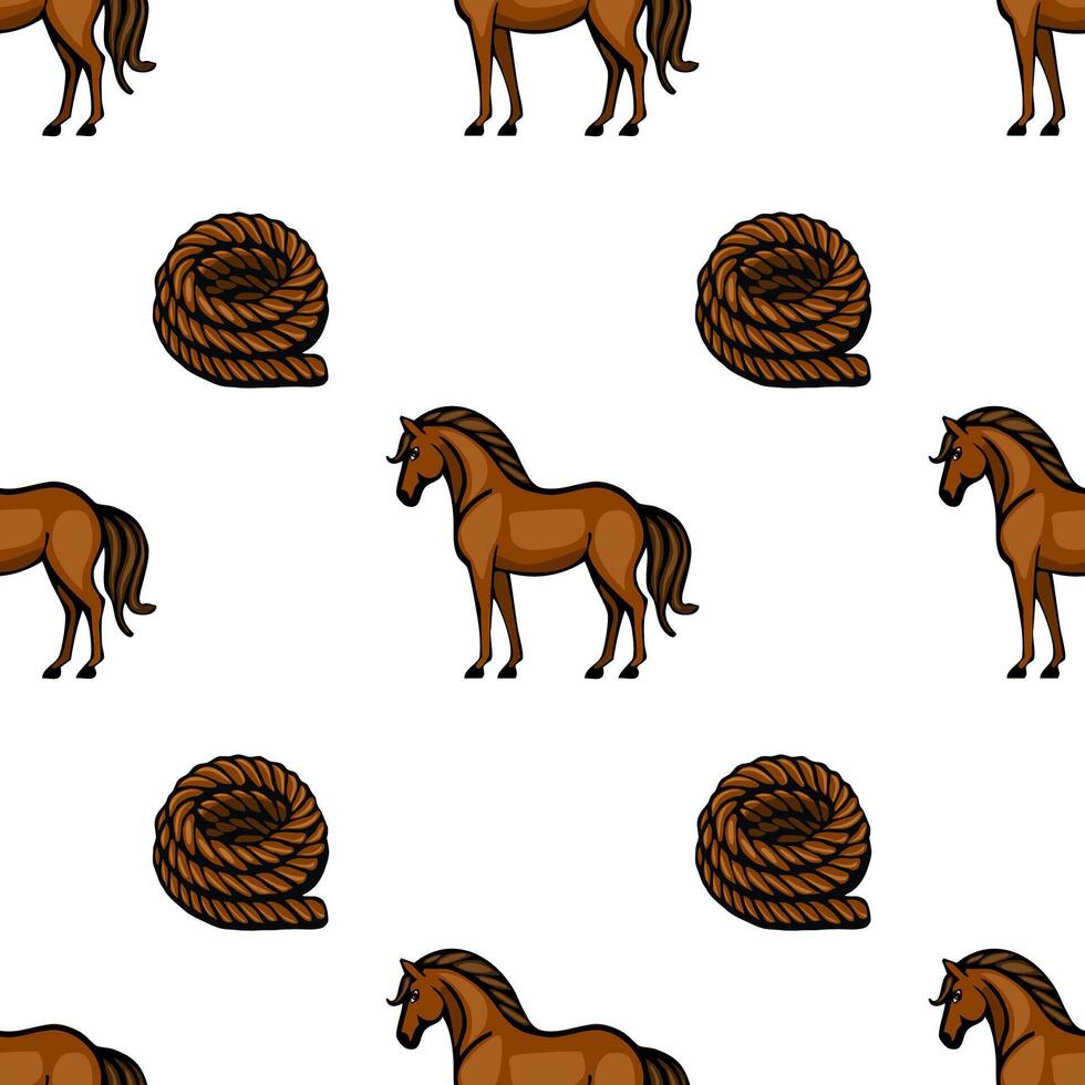 A seamless pattern featuring cartoonstyle brown horses and coiled ropes on a white background. The horses are depicted in various poses, showcasing their playful nature. vector