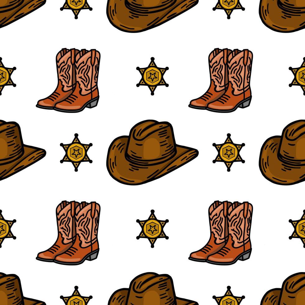A repeating pattern featuring cowboy hats, sheriff badges, and cowboy boots. The design is colorful and playful, suitable for westernthemed projects. vector