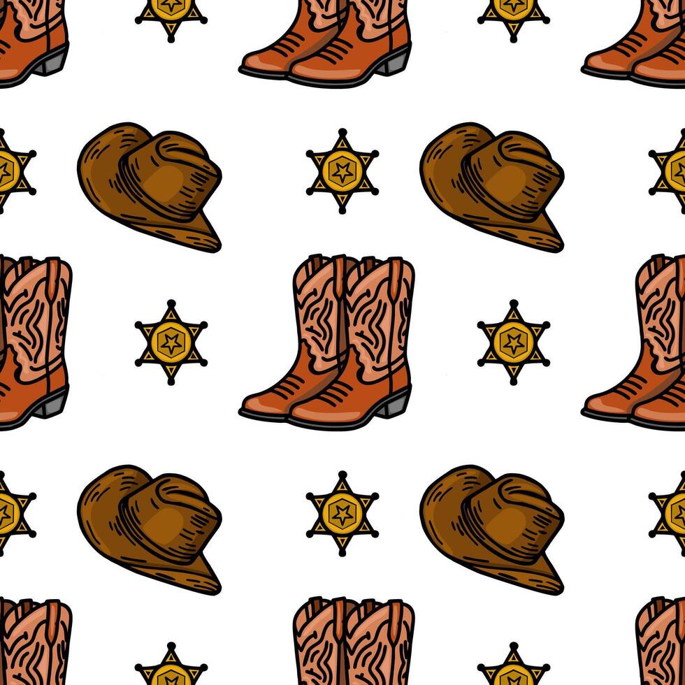 A seamless pattern featuring cowboy boots, cowboy hats, and sheriff stars, all in a playful and colorful design. Ideal for westernthemed projects. vector