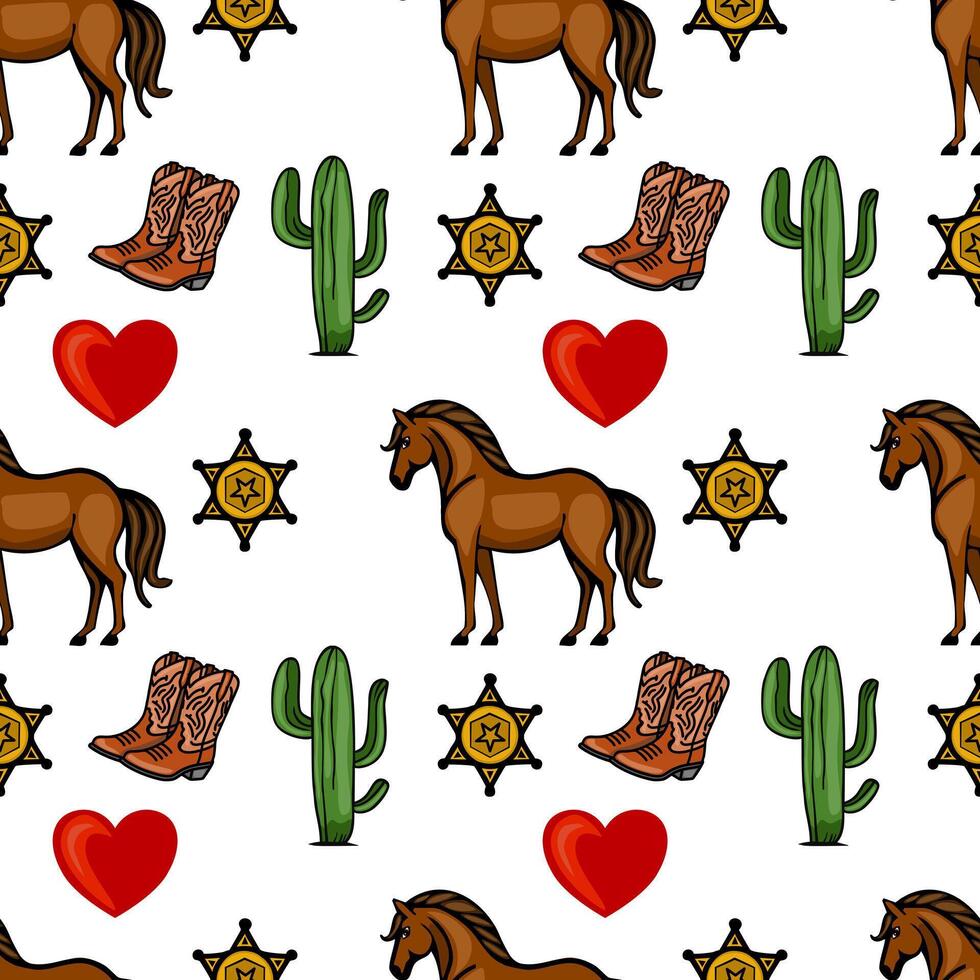 A whimsical pattern featuring brown horses, cowboy boots, cacti, sheriff stars, and red hearts on a white background. Ideal for westernthemed designs. vector