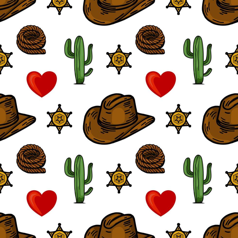 A playful pattern featuring cowboy hats, cacti, sheriff stars, hearts, and yarn balls on a white background. Ideal for westernthemed designs or crafts. vector