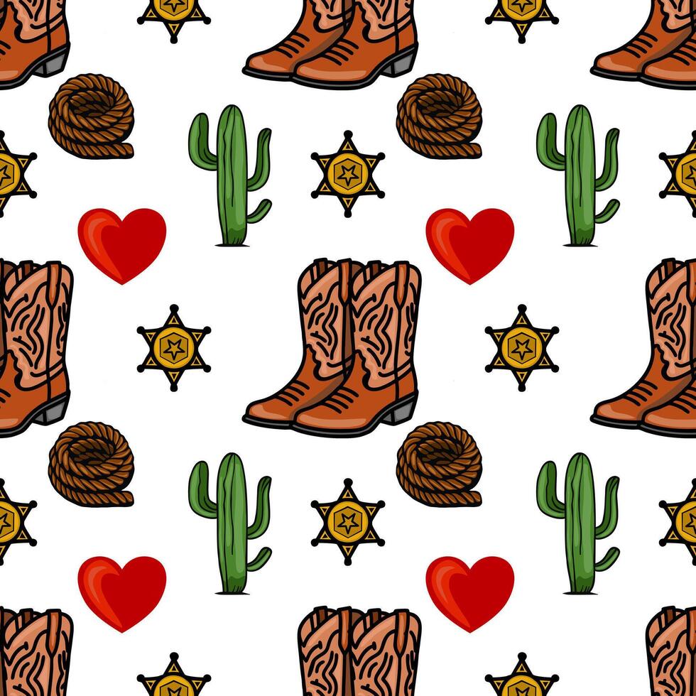 A fun and colorful pattern featuring cowboy boots, cacti, hearts, sheriff badges, and yarn balls, ideal for westernthemed designs. vector