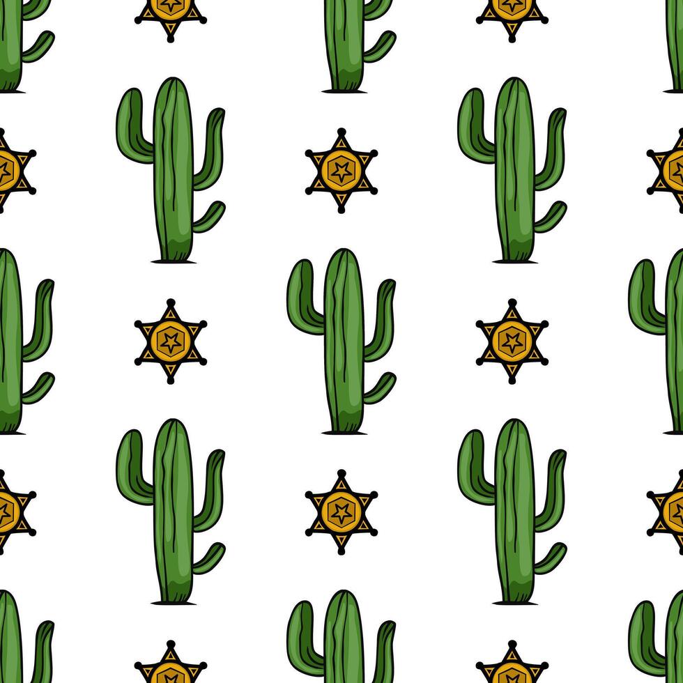 A playful pattern featuring cartoonstyle cacti and sheriff stars on a white background. The cacti are green with yellow accents, creating a fun and whimsical design. vector