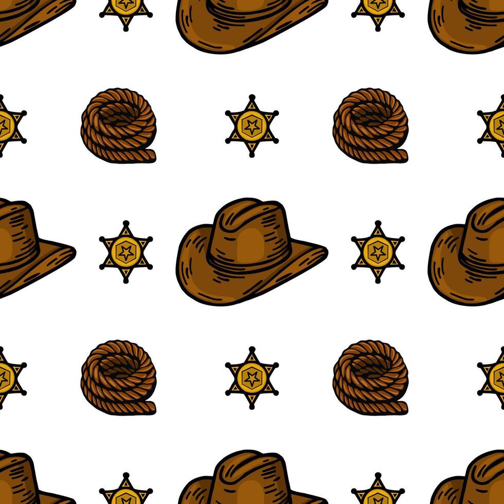 A repeating pattern featuring cowboy hats, sheriff stars, and rope coils on a white background. The design has a playful, western theme, ideal for textiles or childrens decor. vector