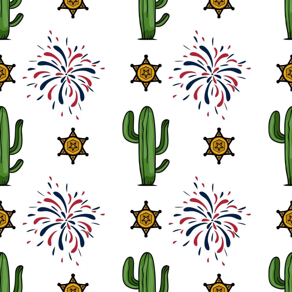 A seamless pattern featuring cacti, sheriff stars, and colorful fireworks on a white background. The design combines elements of the Wild West with festive fireworks vector