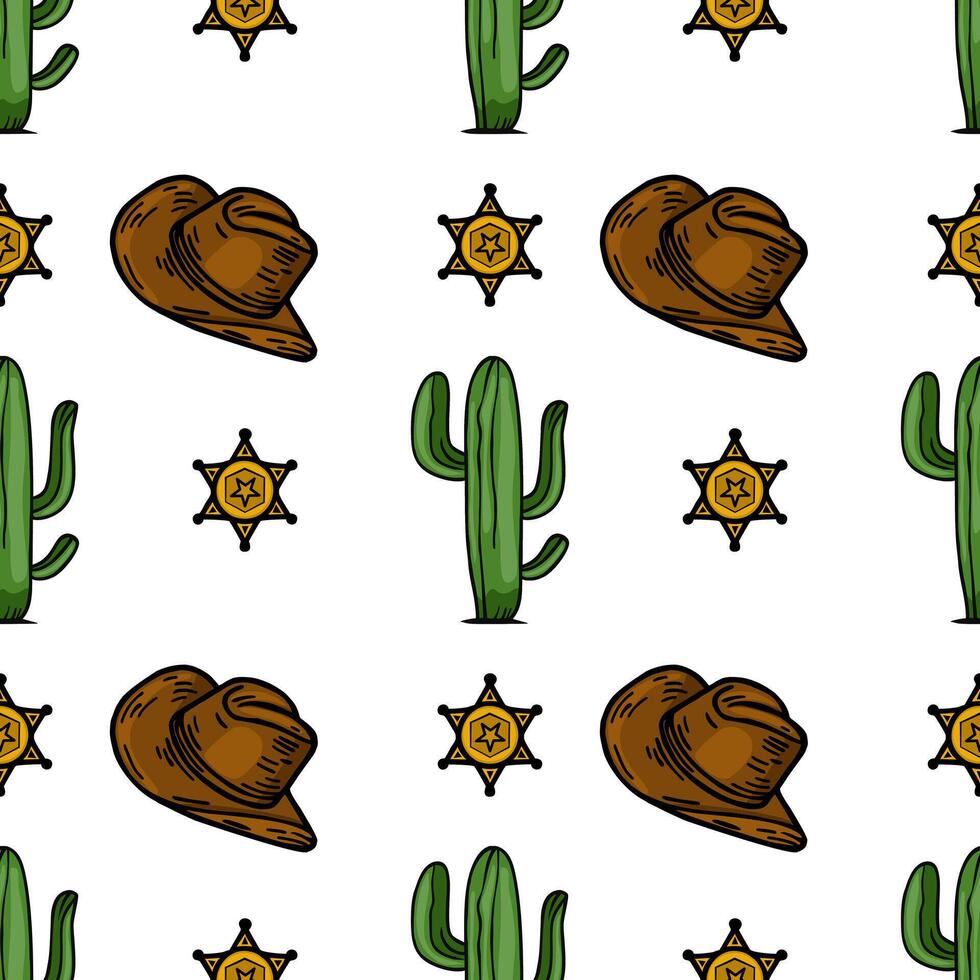 A repeating pattern featuring cowboy hats, cacti, and sheriff stars on a white background. The design is playful and evokes a Western theme, suitable for textiles or wallpapers. vector