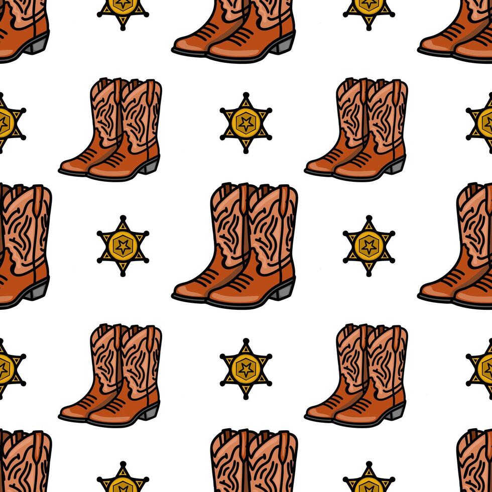 A repeating pattern featuring cowboy boots and sheriff badges on a white background. The boots are brown with a textured design, while the badges are gold with a star shape. vector